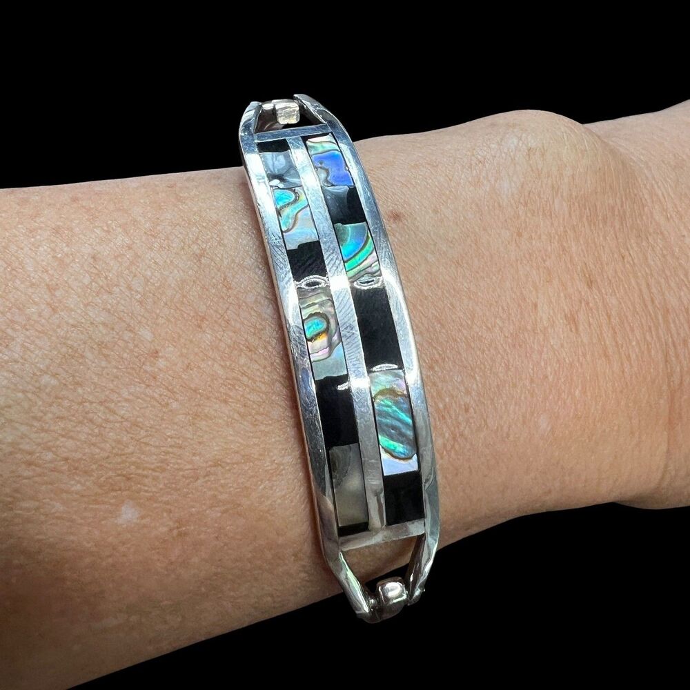 Vintage Alpaca Mexico Abalone Onyx Inlay Bangle Bracelet Silver Tone 7in Signed